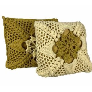 Vintage Set 2 Crochet Throw Pillows – Yellow Green Granny Squares MCM Handmade